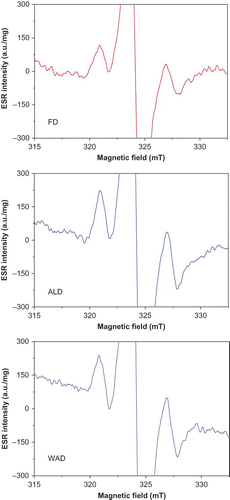 Figure 3 Radiation-induced ESR signals in cucumber flesh after different sample drying pretreatments (FD: freeze-drying; AD: alcoholic extraction; WAD: water washing and alcoholic extraction).