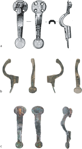 Figure 17. (a) The small bow brooch from Ditch F at Shakenoak; (b) bow and footplate fragment of a comparable small bow brooch from Drayton, Oxon; (c) small bow brooch from Andrup near Esbjerg, Jutland, Denmark, grave A5368. (a) after Brodribb et al. S1 and S3; (b) PAS NMGW-3288EE; (c) Sydvestjyskemuseer_780_2003624. All reproduced with permission. Scale 1:1.
