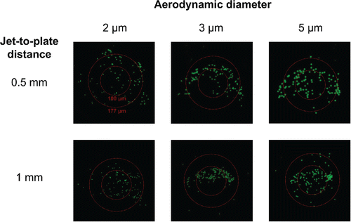 Figure 5. Deposition spots obtained from experimental deposition of 100 fluorescent (green) PSL aerosols. The inner and outer faint (red) circles have diameters of 100 µm and 177 µm, respectively.