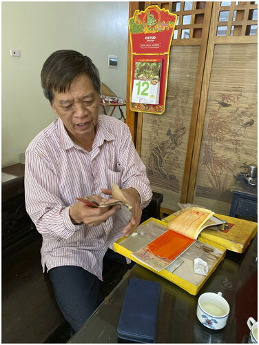 Figure 5 Mr. Phạm Văn Hùng has preserved the colored papers and brushes he used when tinting photographs. (Photo by Nguyễn Văn Huy)