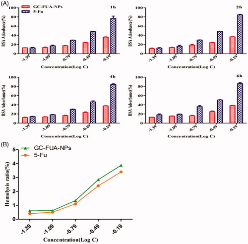 Figure 2. BSA adsorbance incubated with GC-FUA-NPs and free 5-Fu at different times (A), and percentage of red blood cell hemolysis incubated with GC-FUA-NPs (B).