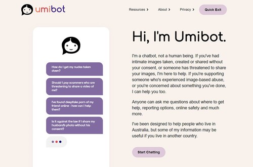 Figure 2. Screenshot of Umibot’s landing page, including ‘quick exit’ button.