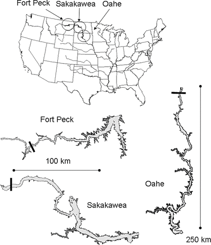Figure 1 Reservoirs of the Missouri River. Individual maps show bays and open-water areas and approximate upstream limit of sampling.
