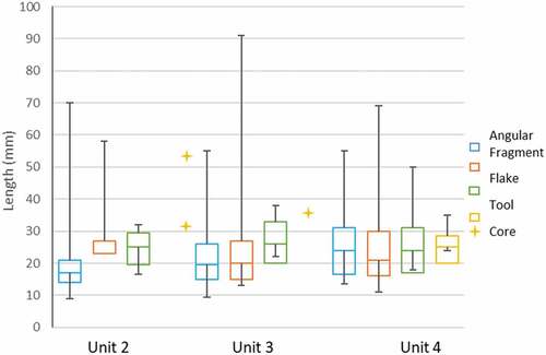 Figure 6. Maximum Length (mm) of artefact classes at Buang Merabak (please note: axial length recorded for flakes).