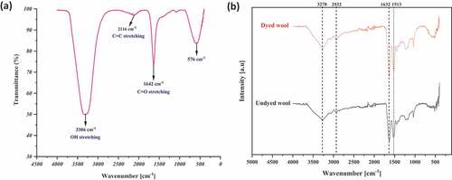 Figure 5. FTIR spectra of (a) aqueous extract and (b) undyed and dyed wool with the optimum colorant extract.