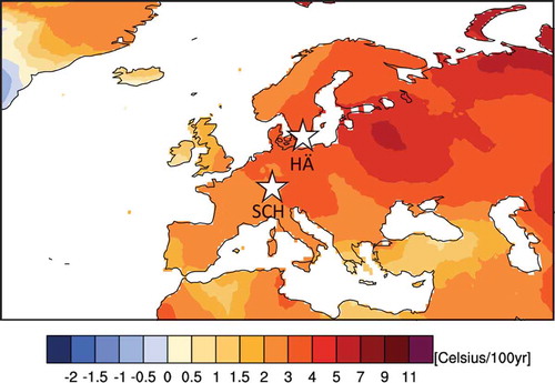 Figure 1. Localities of fossil sites plotted against spatial spring (March-April-May) temperature change during modern time period 1951–2015.Legend: Temperature changes expressed as degree Celsius/100 year trends based on observational data using the CRU TS 4.00 data-set via the KNMI explorer (climexp.knmi.nl). White stars indicate locations of the sites Hässeldala (HÄ), Sweden and the Schleinsee (SCH), Germany.