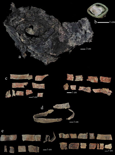 Figure 2. Objects found next to the bodies of female victims from the mass graves of the cemetery of Fregenal de la Sierra: (a) Sleeve of a dress; (b) Cufflink with the figure of a bird; (c) Tie garters; (d) Tie garter; (e) Tie garters