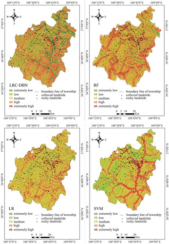 Figure 4. Landslide susceptibility maps: (a) LRC-DBN, (b) RF, (c) LR, (d) SVM.