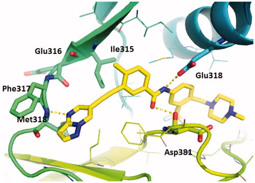 Figure 2. The predicted binding mode of GZD856 with Bcr-AblT315I. Hydrogen bonds are indicated by yellow hatched lines to key amino acids.