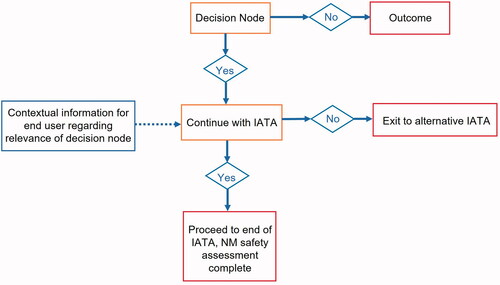 Figure 2. Basic building blocks of an IATA. The orange boxes contain decision nodes, whilst the red boxes contain outcomes based upon the decision made. The blue boxes contain information to provide the user with more context on the question or decision made. At the end of the IATA, the safety assessment may be complete, or the user may be directed to a subsequent IATA for further assessment.