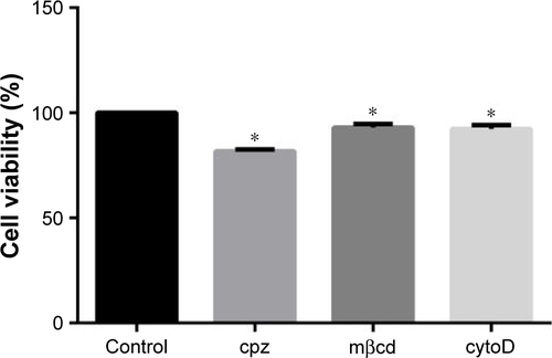 Figure S2 Effects of endocytosis inhibitors on cell viability.Notes: The viability of HUVECs cultured with cpz, mβcd and cytoD for 30 min.  P<0.01 versus control. Cells without endocytosis inhibitors treatment were set as control group.Abbreviations: cpz, chlorpromazine; cytoD, cytochalasin D; HUVECs, human umbilical vein endothelial cells; mβcd, methyl-β-cyclodextrin.