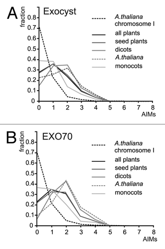 Figure 1. (A) AIM frequency profiles of exocyst subunits from several plant lineages. Number of AIM hits per protein on the abscissa (x), fraction of the total protein set analyzed on the ordinate (y). (B) AIM frequency profiles for the EXO70 subunits.