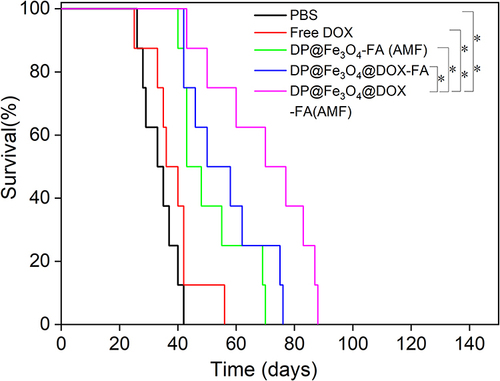 Figure 11 Survival analysis of mice in each group (created using OriginPro 2019b software). *p < 0.05, **p < 0.01.