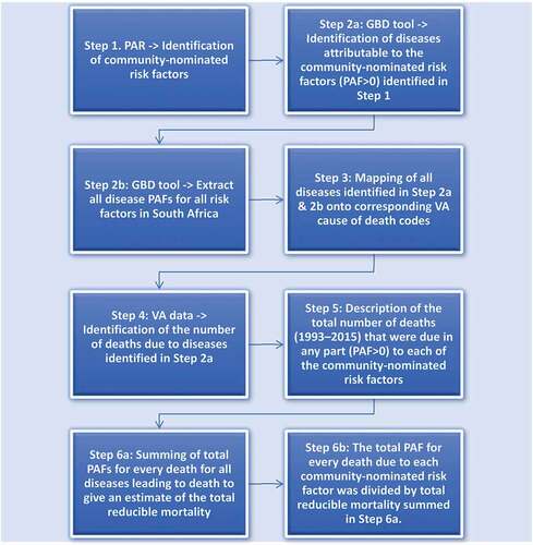 Figure 1. Flowchart of the study phases. (PAR = participatory action research, GBD = global burden of disease, PAF = population attributable fraction, VA = verbal autopsy).