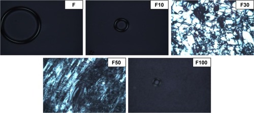 Figure 1 Photomicrographs representing the effect of artificial saliva in the structure of F (liquid crystal system) by light polarized microscopy at 20% magnification.Notes: F is the liquid crystal system; F10 is a 0.1:1 (wt/wt) dilution of F containing 10% artificial saliva; F30 is a 0.3:1 (wt/wt) dilution of F containing 30% artificial saliva; F50 is a 0.5:1 (wt/wt) dilution of F containing 50% artificial saliva; and F100 is a 1:1 (wt/wt) dilution of F containing 100% artificial saliva.