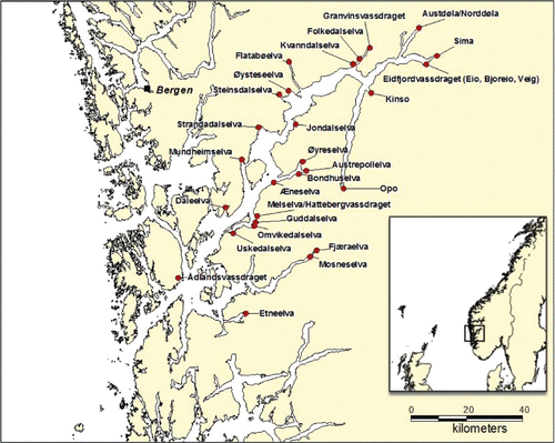 Figure 1. Map of the Hardangerfjord basin, with location of rivers with Atlantic salmon and anadromous brown trout.