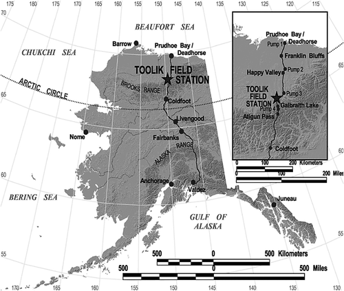 FIGURE 1 The Moist Acidic Tundra (MAT) and Dry Heath (DH) Tundra study sites are located at Toolik Lake LTER, Alaska, which is located on the north slope of the Brooks Range along the Dalton Highway.