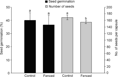 FIGURE 4 Number of seeds per capsule (mean ± SE) and seed germination (mean ± SE) of C. tetragona collected in autumn 2007 from control and fenced plots. Differing letters above the gray histograms indicate significant differences in numbers of seeds (p ≤ 0.01); no significant difference in seed germination was found (p  =  0.46).