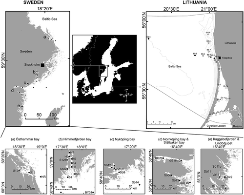 Figure 1. Map of the study areas and in situ stations in the Baltic Sea. The map of the NW Baltic Sea shows the sampled Swedish area with detailed maps of the subareas denoted by the letters a–e. The map of the SE Baltic Sea shows the sampled Lithuanian area, including the Curonian Lagoon. The stations labelled CL are stations within the lagoon (marked with open circles), the stations denoted BS are brackish Baltic Sea stations (marked with filled circles) and plume stations with varying salinity (marked with plus signs). Swedish maps © Lantmäteriet, Gävle 2010; permission I2014/00691.