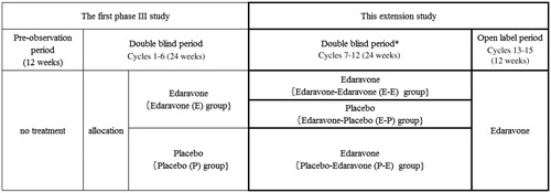 Figure 1. Study design.This article reports this results of the extension study (Double blind period: Cycles 7–12, and Open label period: Cycles 13–15) indicated by the bold frame.*As unblinding of the first phase III study was performed during this extension study, the blind was only maintained for the patients who were assigned to the E group in the first phase III study, but not for the patients who were assigned to the P group in the first phase III study.