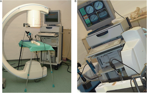 Figure 1. A) Experimental setup for Iso-C3D, showing the T-shaped specimen composed of synthetic bone material on a carbon table. The C-bow of the Iso-C3D and the navigation system can be seen in the background. B) Experimental setup for 2D navigation: the pointer is fixed in a 3D holder for the reverse verification. [Color version available online.]