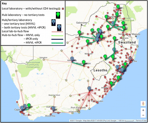 Figure 4 HH-mT results, minimised distances with 58 CD4, 15 HIV VL, 8 IPCR as currently, with travel time limits of 4 − 11 − 11 h, respectively, 34 hubs