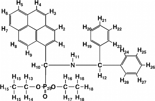 Scheme 1. 29 spins of α-N-(diphenylmethyl)amino-α-(1-pyrenyl)methanepho-sphonic acid diethylester NH(CHPh2)-CH(Pyr)-P(O(OEt)2.
