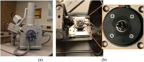 Figure 4. ESEM apparatus (a)entirety (b) sample on the stage in the chamber.