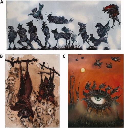 Figure 2. Artworks by A. Jalil Martínez, (A) Exodus, 2020 (oil on canvas, 28 × 63 cm), (B) Panic, 2020 (oil, coffee and pencil on canvas, 63 × 46 cm) and (C) The eye and the night, 2020 (mixed media on canvas, 61 × 46 cm).