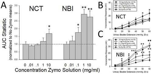 Figure 3 Visceromotor responses following adult pretreatment with Zymosan. In (A), AUC (Area-Under-the Curve) statistics presenting overall vigor of visceromotor responses to graded urinary bladder distension following adult pretreatment with varying concentrations of Zymosan (Zymo) normalized to the No-Zymosan pretreatment AUC statistic (see text for greater description) of each neonatal treatment group. NBI indicates Neonatal Bladder Inflammation treatment group; NCT indicates Neonatal Control Treatment group. In (B and C), the stimulus response functions from which the normalized data was derived. Note that NCT had minimal responses to adult Zymosan pretreatment except at the highest concentration, whereas NBI rats demonstrated robust dose-dependent augmentation of their visceromotor responses. All values presented as Mean ± SEM. * and ** represent statistically significant differences from the No-Zymosan adult pretreatment group with p<0.05 and p<0.01 respectively.