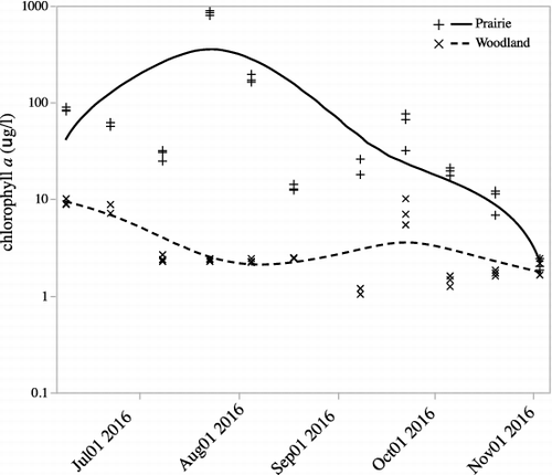 Figure 4. Mean standing crop biomass, as chlorophyll a, of phytoplankton from the prairie and woodland ponds. Lines are cubic spline fits to show the pattern of change. Measurements were made from June 8 to November 3.