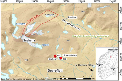 Figure 1. Overview of the study area in southern Norway. Focus area at NE Snøhetta, Dovrefjell, is marked in red. Note the nearby climate station and boreholes at Snøheim.