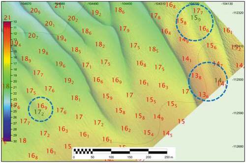 Figure 4. Example of several discrepancies (highlighted by the blue circles) between the survey soundings (in red, with a suppression radius of 50 m) and the ENC SOUNDG (in black).