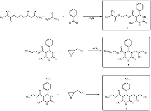 Scheme 1. The three-component condensation reactions come to an end within 2.5–3 h at 60–75 °C. The synthesized compounds were crystalline and their structure was confirmed by spectral and physico-chemical methods, among which IQ, 1H, 13C NMR and X-ray spectroscopy: The crystal structure of synthesized 2-(methacryloyloxy)ethyl 6-methyl-2-oxo-4-phenyl-1,2,3,4-tetrahydropyrimidine-5-carboxylate has been determined with X-ray structure analysis method. The structure and crystalline form of new cyclical compound has been shown in Figure 1. Crystalline compound holds two crystallographical independent molecules.