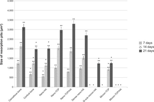 Figure 8 Size of resorption pits on the selected calcium phosphate materials.Notes: The size of resorption pits decreased with increased crystal grain size. Data = mean ± standard error of the mean; N=3; *P<0.01 compared to cancellous bone at the same time period; **P<0.01 compared to all micron materials (HA, TCP, and TCP/HA) at the same time period. All values are significantly different from one time period to the next for the same sample (except for Si-substituted micron-HA and micro HA/TCP).Abbreviations: HA, hydroxyapatite; Si-sub, Si-substituted; TCP, tri-calcium phosphates.