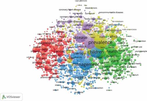 Figure 3. Social network of database-assigned keywords in African health research and with five or more occurrences.