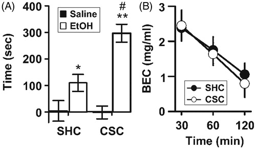 Figure 8. Effect of CSC on ethanol-induced CPP and BEC. (A) When conditioned with ethanol, CSC mice showed higher preference for the ethanol paired box but no difference was found when saline was used for conditioning in both compartments. Data represent mean ± SEM. *p < 0.01, **p < 0.001 versus ethanol conditioning. #p < 0.01 versus SHC mice. Saline/SHC, n = 11; saline/CSC, n = 13; ethanol/SHC, n = 11; ethanol/CSC, n = 14. (B) BEC 30, 60, and 120 min after an i.p. injection of 1.5 g/kg of ethanol in SHC and CSC mice, presented as mean ± SEM.