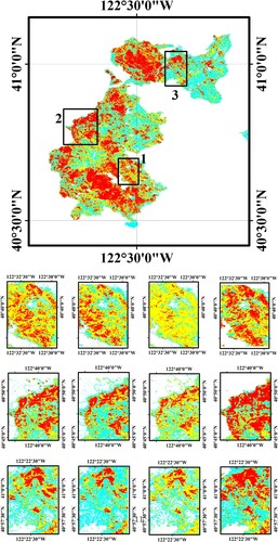 Figure 5. Burn severity maps for three sub-scenes of the California region. Upper figure shows the location of the sub-scenes. Rows from the top to the bottom are first to third sub-scenes, and columns from left to right corresponds to: dNBR-based proposed method, dNBR2-based proposed method, traditional dNBR, and reference map.