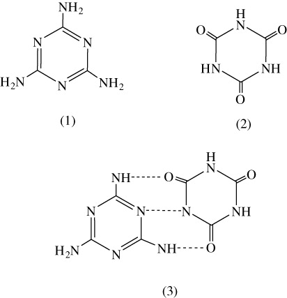 Figure 1. The structures of melamine (1), cyanuric acid (2), and melamine cyanurate (3).