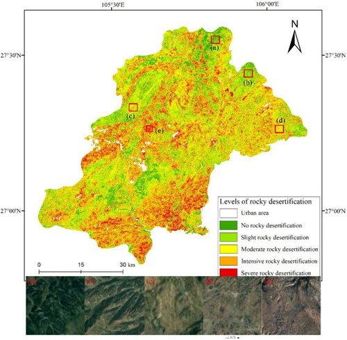 Figure 10. Validation of the inversed rocky desertification index with Google Earth images (BSI-NDre1 feature space monitoring index) (a) No; (b) Slight; (c) Moderate; (d) Intensive; (e) Severe.