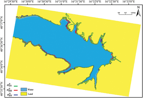 Figure 13. Waterline extracted using VV- (green line), HH- (red line) and HV-polarized (blue line) NRCS superimposed onto the NDVI clustered image where cyan and yellow stand for water and land areas, respectively.