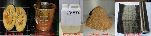 Figure 1. Composite ingredients: a) Aegle fruit, b) Aegle resin, c) epoxy Resin, d) Aegle powder and e) basalt mat.