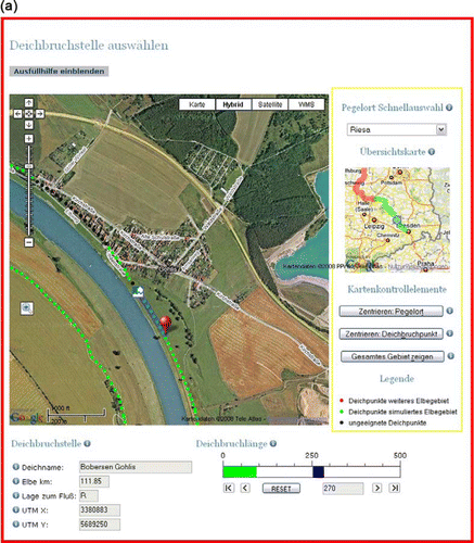 Figure 1.  (a) Flood and dike breach scenario tool: determining the dike breach location. (b) Flood and dike breach scenario tool: simulation results.