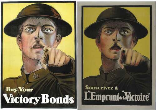 Figure 3. Author unkown, “Buy Your Victory Bonds”, 1917; author unkown, “Souscrivez a l’Emprunt de la Victoire”, 1919.Source 7: Canadian War Museum, https://www.warmuseum.ca/collections/artifact/1334232/?q=Buy+VICTORY+BONDS&page_num=1&item_num=72&media_irn=3084521.Source 8: Canadian War Museum, https://www.warmuseum.ca/firstworldwar/objects-and-photos/propaganda/materials-for-the-war-effort/?target=2158.