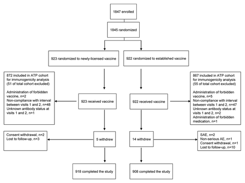 Figure 1 Disposition of subjects. ATP: according to protocol; AE: adverse event; SAE: serious adverse event.