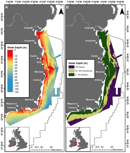 Figure 1. Extent of INFOMAR MBES bathymetry data used in this study (A) and same data gradated to 0–40 m (shallow), 40–60 m (transitional) and >60 (deep) representing preferred ranges for technology types (B).