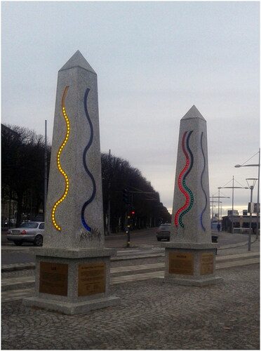 Figure 1. Christopher Garney, The Environmental Monument, Strandvägskajen, Stockholm, 1994. Terrazzo concrete, engraved brass, plexiglas, lamps, interactive digital technology; approximately 500 × 125 × 125 cm (measured at the step). Photo by the author.