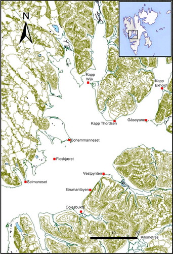 Fig. 1  Map of the sampling sites in Isfjorden. Numbers refer to sampling sites in Table 1. Inset shows Svalbard.
