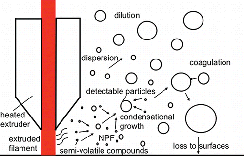 Figure 1. Schematic of particle formation, growth, and loss processes. NPF is new particle formation resulting from nucleation of emitted semi-volatile vapors.