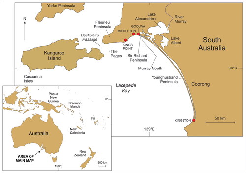 Figure 1. The study area extends along the coasts of the Coorong, Fleurieu Peninsula and Kangaroo Island (South Australia). Smaller map shows the location of the study area within the Asia-Pacific region.